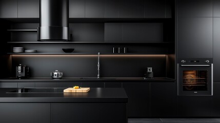 Sophisticated kitchen design with sleek black cabinets expansive black island featuring a breakfast bar state of the art appliances minimalist fixtures and open shelving. Modern