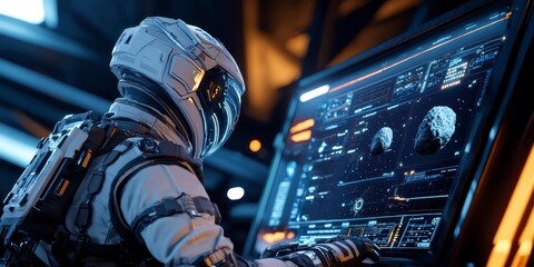 Space explorer in a futuristic suit monitoring asteroid trajectories on large displays focus on the ambient light concept of space defense vibrant Composite dark command center backdrop