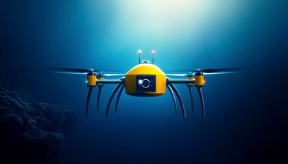 Underwater exploration drone in a deep sea abyss recording high definition footage of rare marine life and geological formations minimalist style. Deep ocean robot films sea creatures.
