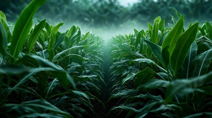 Wide angle shot of a lush green cardamom plantation tall plants swaying gently in the breeze early morning mist adding a mystical touch realistic and highly focus on texture and depth.