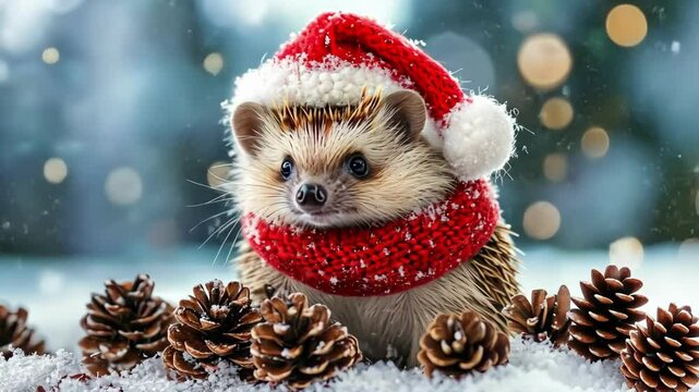 Festive hedgehog in santa hat and scarf amidst snowy pinecones. Merry Christmas. Happy New Year