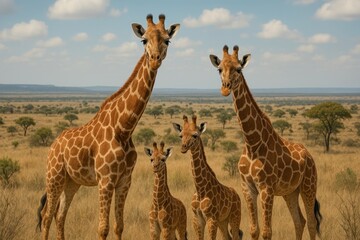 Giraffes standing in African savanna.