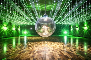 A Sparkling Disco Ball Hangs in an Elegant Green-Lit Dance Hall with a Polished Wooden Floor