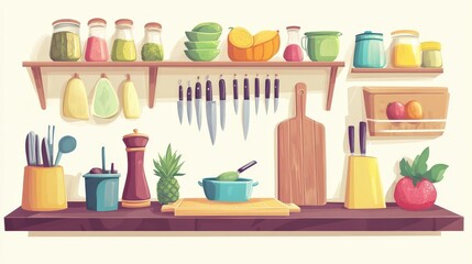 Culinary Corner: A stylized illustration of kitchen shelves is a vibrant scene, showcasing an array of cooking essentials, from spices to cutting boards, inviting to cooking enthusiast.
