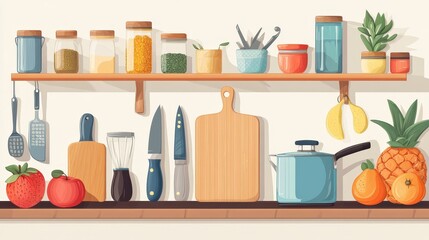 Kitchen Essentials on Display: A meticulously organized collection of culinary tools and ingredients, artfully arranged on a warm wooden shelf, evoking the essence of culinary creation.