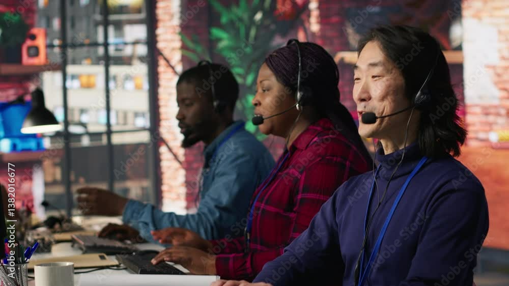 Poster multiethnic team of call center agents answering clients technical inquiries about hardware issue. m