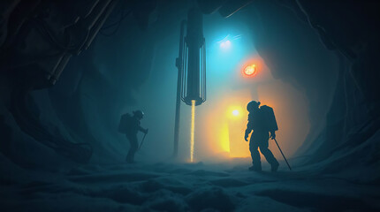 Fototapeta premium Subsurface ice mining operation in thick fog, exosuits and thermal drills