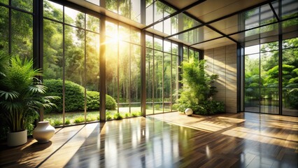 Sunlit Interior Sanctuary Expansive Windows Showcase Lush Greenery and Tranquil Garden Views