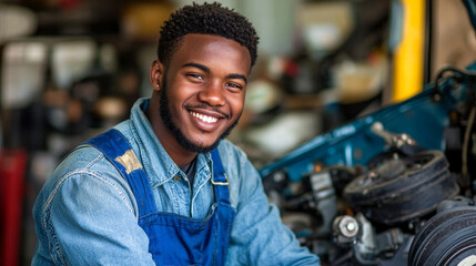 Obraz premium Smiling mechanic in blue overalls posing in front of a partially disassembled car engine in a garage