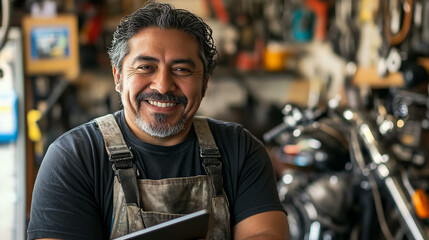 Portrait of a smiling mechanic in a garage with a motorcycle and tools in the background smiling