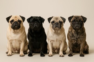 Fototapeta premium Four adorable pugs sitting together.