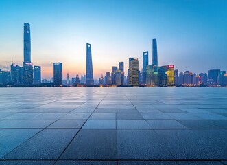 Shanghai Cityscape at Dusk with Modern Buildings and Empty Stone Platform