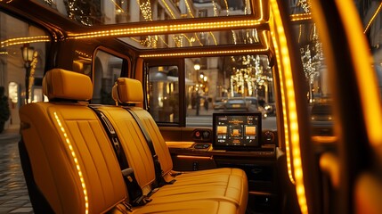 Luxurious car interior at night, illuminated with warm lighting.