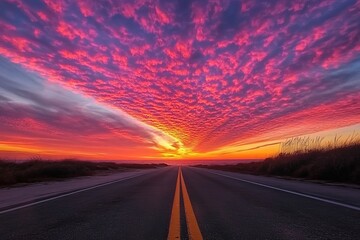 Stunning Vibrant Pink Sunset Sky Road Landscape Dramatic Colors Ocean View Asphalt Highway Dramatic Sunset Colors Nature Scene Beautiful Travel       