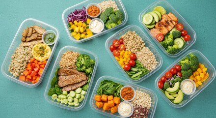 Healthy and colorful prepped meals are arranged for easy eating and storage