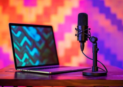 Podcast microphone and laptop setup with a vibrant background for live recording themes