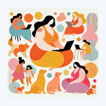 A collection of minimalist collages featuring women, animals, and cozy home scenes. The illustrations use simple, organic shapes and a flat, warm pastel palette to convey comfort and calm.