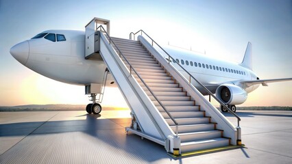 Fototapeta premium Airplane Boarding Stairs, Aircraft Steps, Passenger Jetway, Aviation Boarding, Isolated Bright Background, Rule of Thirds Photography