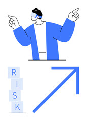 Person gesturing with VR goggles, blue blocks spelling RISK, and upward arrow symbolizing growth. Ideal for finance, strategy, decision-making, technology, innovation, progress abstract line flat
