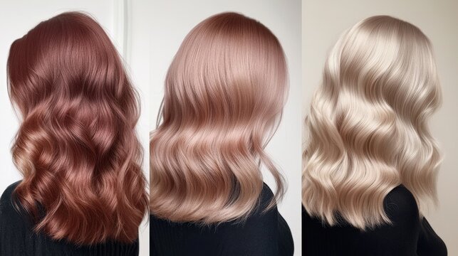 Ethereal Locks: A trichromatic symphony of hair textures and hues, ranging from a deep auburn to a shimmering blonde. Each style, perfectly coiffed, flows in soft, alluring waves.