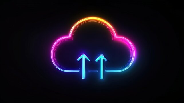 Glowing Cloud Upload Icon: A vibrant neon cloud symbol with upward arrows, symbolizing data upload, radiates against a dark background, conveying the concepts of technology, cloud computing.