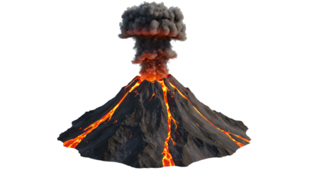 Erupting Volcano Spewing Lava and Ash Cloud Against White Backdrop