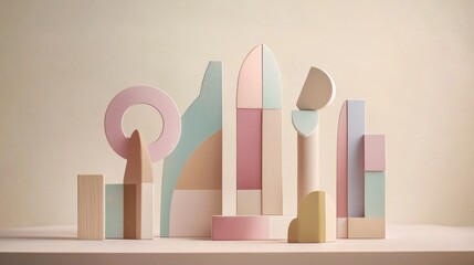 Abstract Wooden Structures:  A collection of colorful, minimalist wooden shapes arranged in a still life, showcasing a palette of soft pastel hues and geometric forms against a warm backdrop.