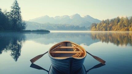 Boat on Calm Lake: A serene view of a rowboat resting on the placid surface of a pristine lake, with majestic mountains in the background and trees on both sides, reflecting the sky.