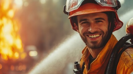 Smiling Firefighter: A brave firefighter, radiating strength and optimism, smiles warmly amidst the heat and water spray of a fire scene, embodying heroism and dedication.