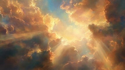 Celestial Canvas: A mesmerizing sky awash in a symphony of fiery hues, with beams of sunlight piercing through dramatic clouds, capturing a sense of divine wonder and ethereal beauty.