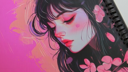 Digital Portrait: A vibrant portrait of a serene woman, adorned with delicate floral accents, exudes tranquility, ideal for artistic projects.