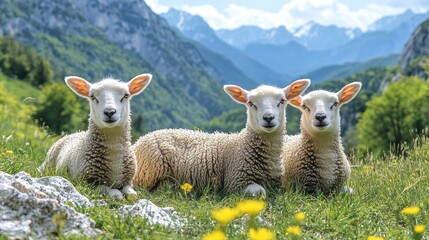 Fototapeta premium Three Adorable Lambs in the Majestic Alps