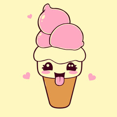 Kawaii Ice Cream Cone: Pink and Cream Swirls, Googly Eyes, Tongue Out