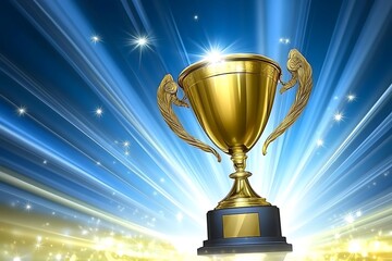 Gleaming golden trophy illuminating in celebratory radiance on backdrop