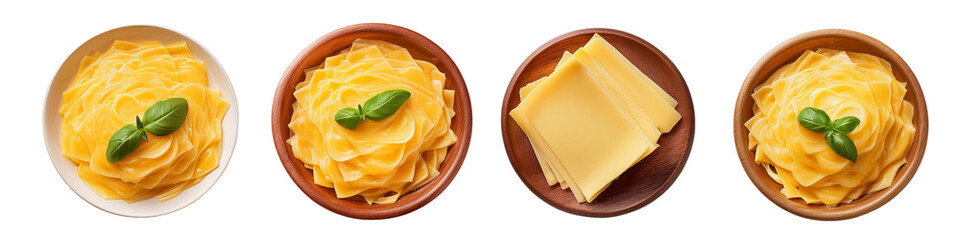 Thin cheese slices arranged in a spiral pattern isolated on transparent background