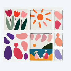 A minimalist collage series featuring abstract women, cats, dogs, horses, flowers, and cozy interiors, composed of simple organic shapes and a flat pastel color palette with warm tones.