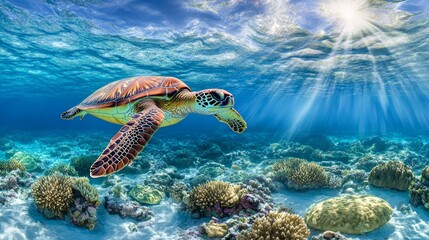 Obraz premium A graceful sea turtle gliding over a coral bed, illuminated by soft beams of sunlight filtering through the ocean surface