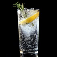 Sparkling Refreshment with Lemon and Rosemary on black background