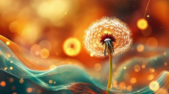 Dandelion Seedhead of Hope: A captivating shot of a dandelion seedhead at the moment of dispersing, against a backdrop of swirling orange and teal bokeh, creating an ethereal and hopeful scene.