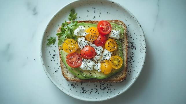 Avocado toast with cherry tomatoes and feta cheese on a speckled plate