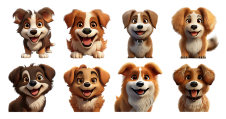 Adorable Cartoon Dogs Displaying Various Happy Expressions, PNG bundle collection, Isolated on Transparent Background
