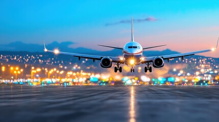 Commercial Airplane Landing at Runway with Bright Lights and Colorful Cityscape in Background, Twilight Sky Aviation Scene Capturing Speed, Travel, and Modern Transportation Energy