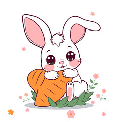 Cartoon Bunny with Carrot Heart, Floral Accents.