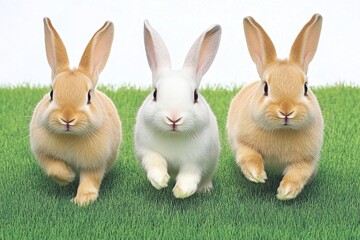 Obraz premium A group of rabbits hopping through a grassy farm enclosure