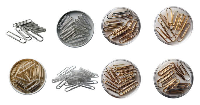 Assorted Paper Clips in Round Dishes on White Background, Bundle Set Collection, Isolated on Transparent Background