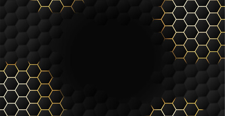 Luxury black and gold hexagon background with metallic texture and light shadow effect. Elegant modern design. Vector illustration.