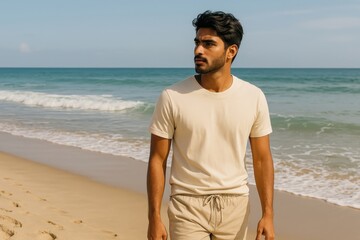 Fototapeta premium Man strolling serene beach shore.
