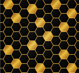 Luxury black and gold hexagon background with metallic texture and light shadow effect. Elegant modern design. Vector illustration.