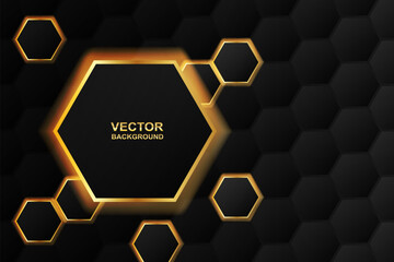 Luxury black and gold hexagon background with metallic texture and light shadow effect. Elegant modern design. Vector illustration.