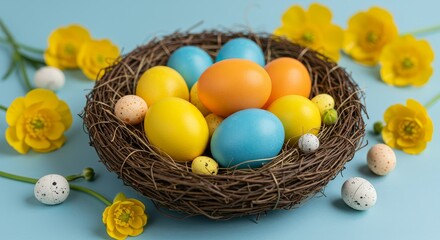 Celebrate Happy Easter with colorful Easter eggs in a lush green meadow under bright sunlight and a warm spring sky. Experience the joy of Easter on a beautiful spring day filled with renewal